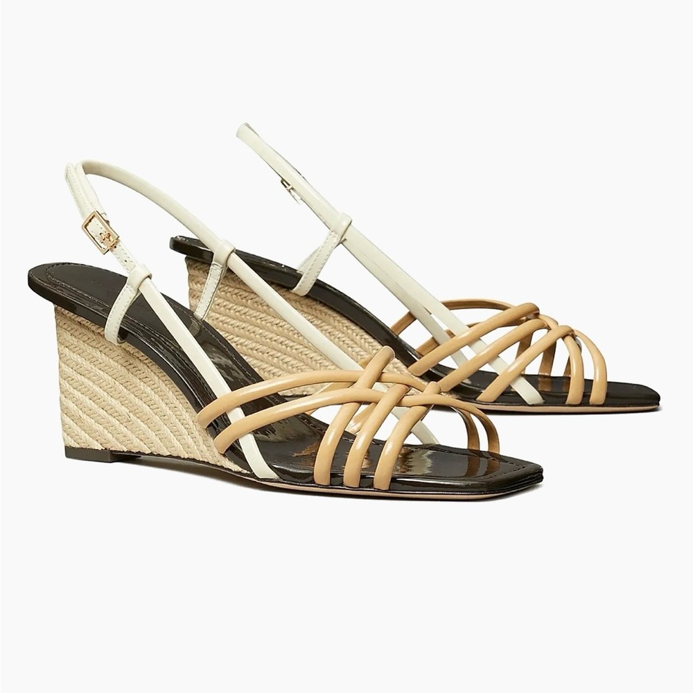 Tory Burch Multi Strap Tan and Cream Wedge Sandals